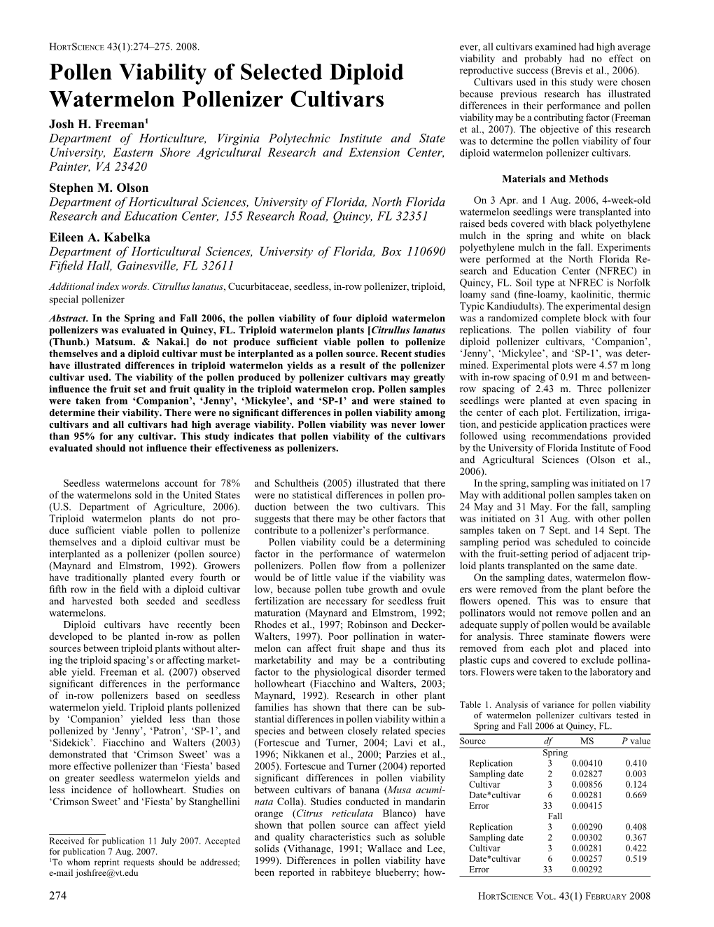 Pollen Viability of Selected Diploid Watermelon Pollenizer Cultivars