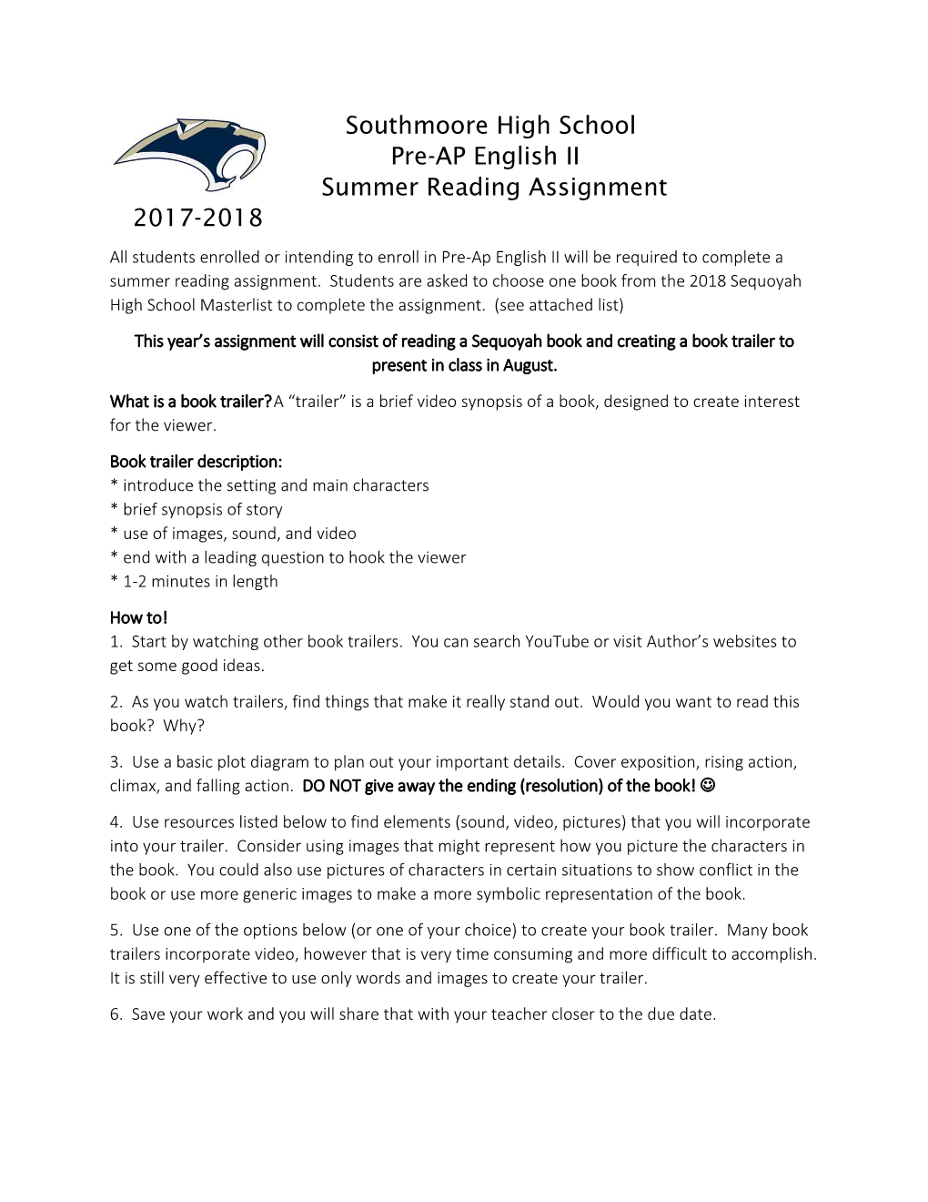 Southmoore High School Pre-AP English II Summer Reading