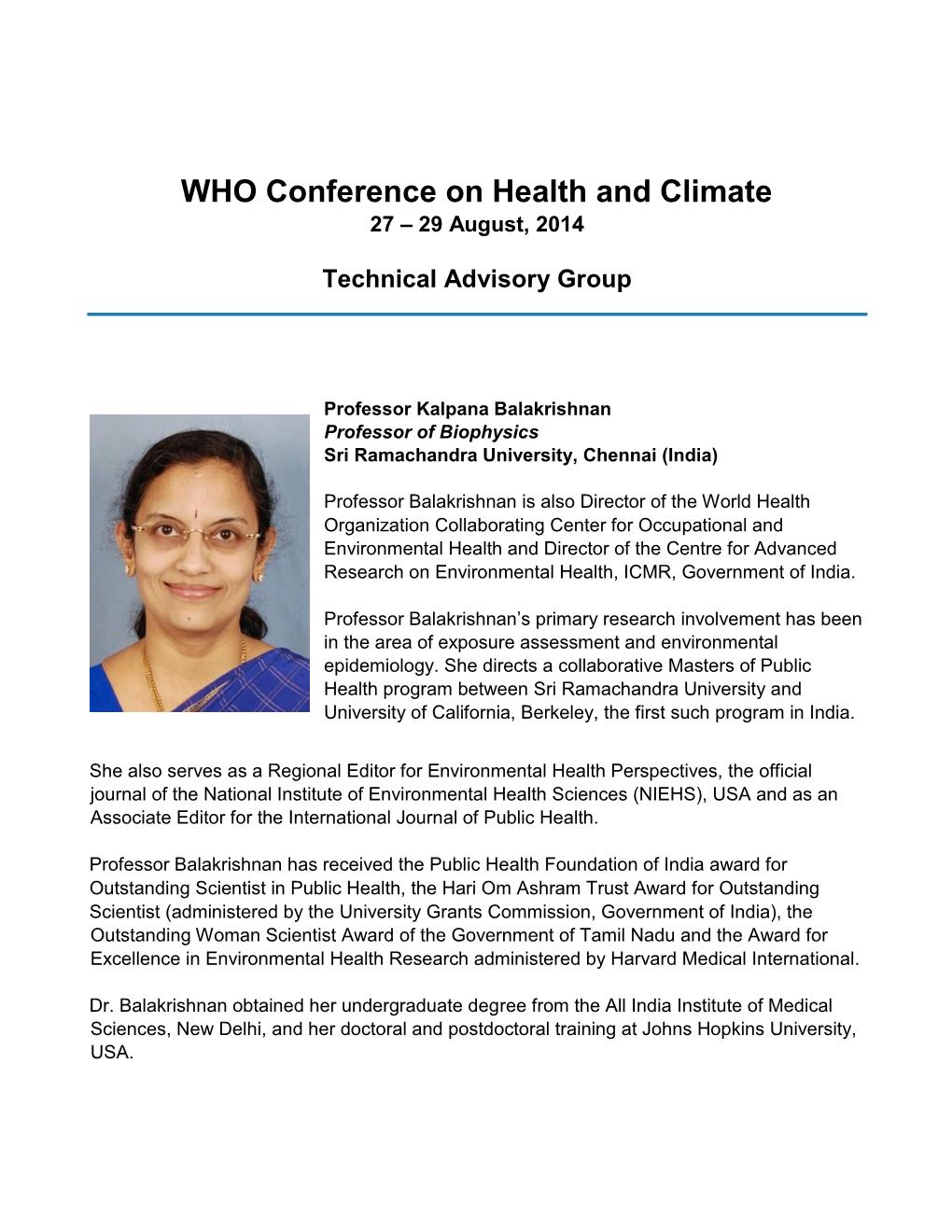 WHO Conference on Health and Climate 27 – 29 August, 2014