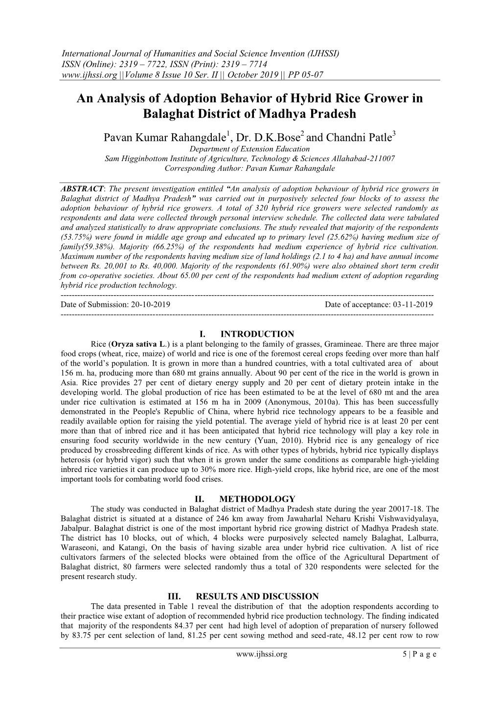 An Analysis of Adoption Behavior of Hybrid Rice Grower in Balaghat District of Madhya Pradesh