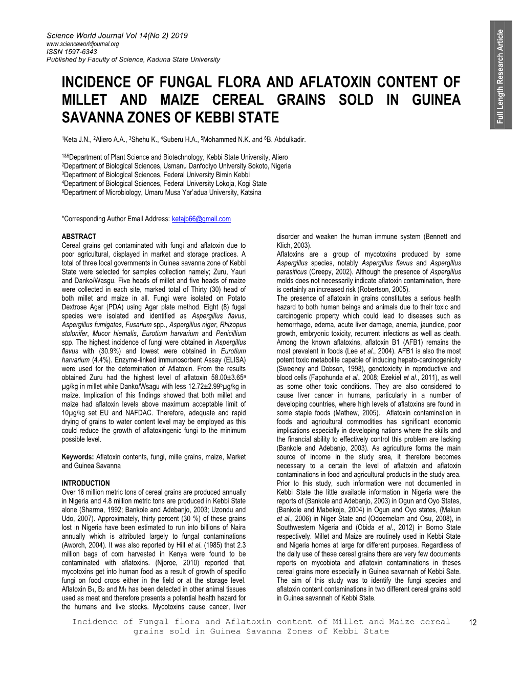 Incidence of Fungal Flora and Aflatoxin Content of Millet and Maize Cereal Grains Sold in Guinea