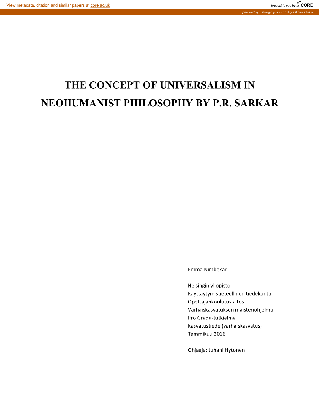 The Concept of Universalism in Neohumanist Philosophy by P.R. Sarkar