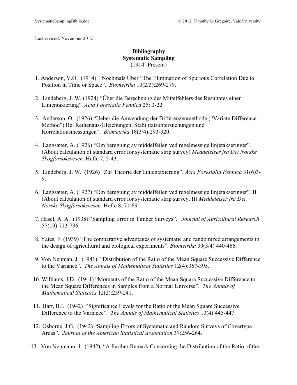 Bibliography Systematic Sampling (1914 -Present)