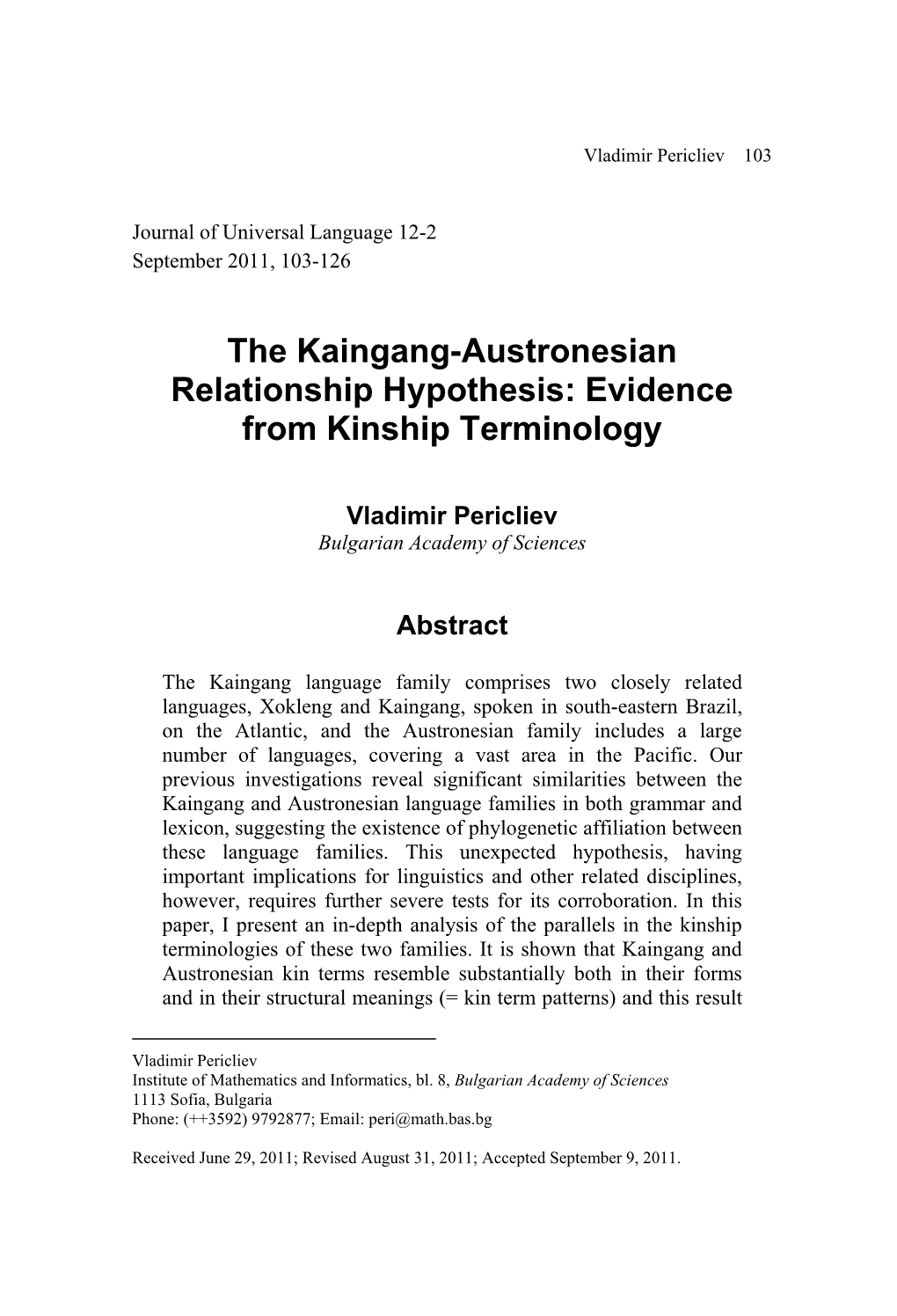 The Kaingang-Austronesian Relationship Hypothesis: Evidence from Kinship Terminology