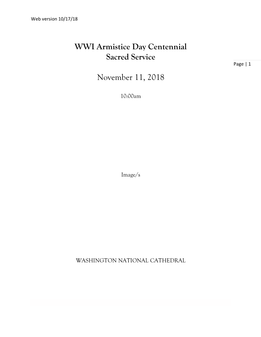 WWI Armistice Day Centennial Sacred Service November 11, 2018