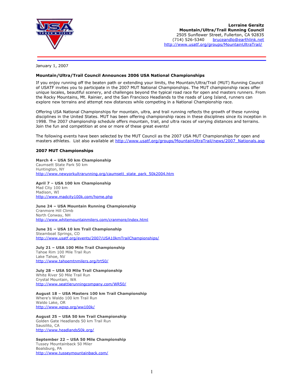 January 1, 2007 Mountain/Ultra/Trail Council Announces 2006 USA National Championships