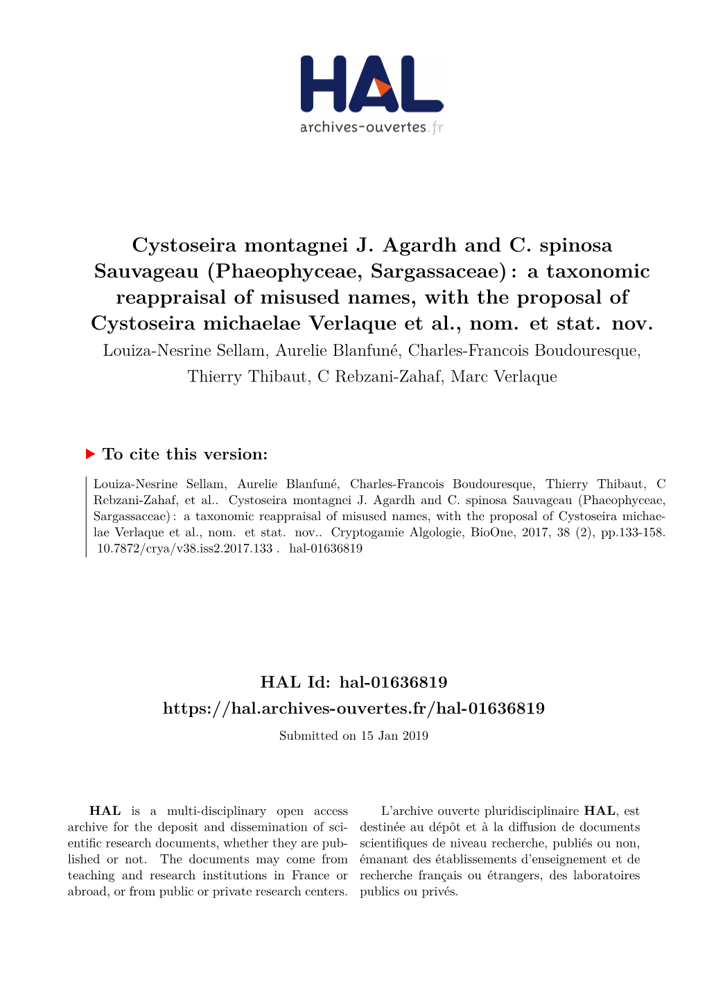 Cystoseira Montagnei J. Agardh and C. Spinosa Sauvageau