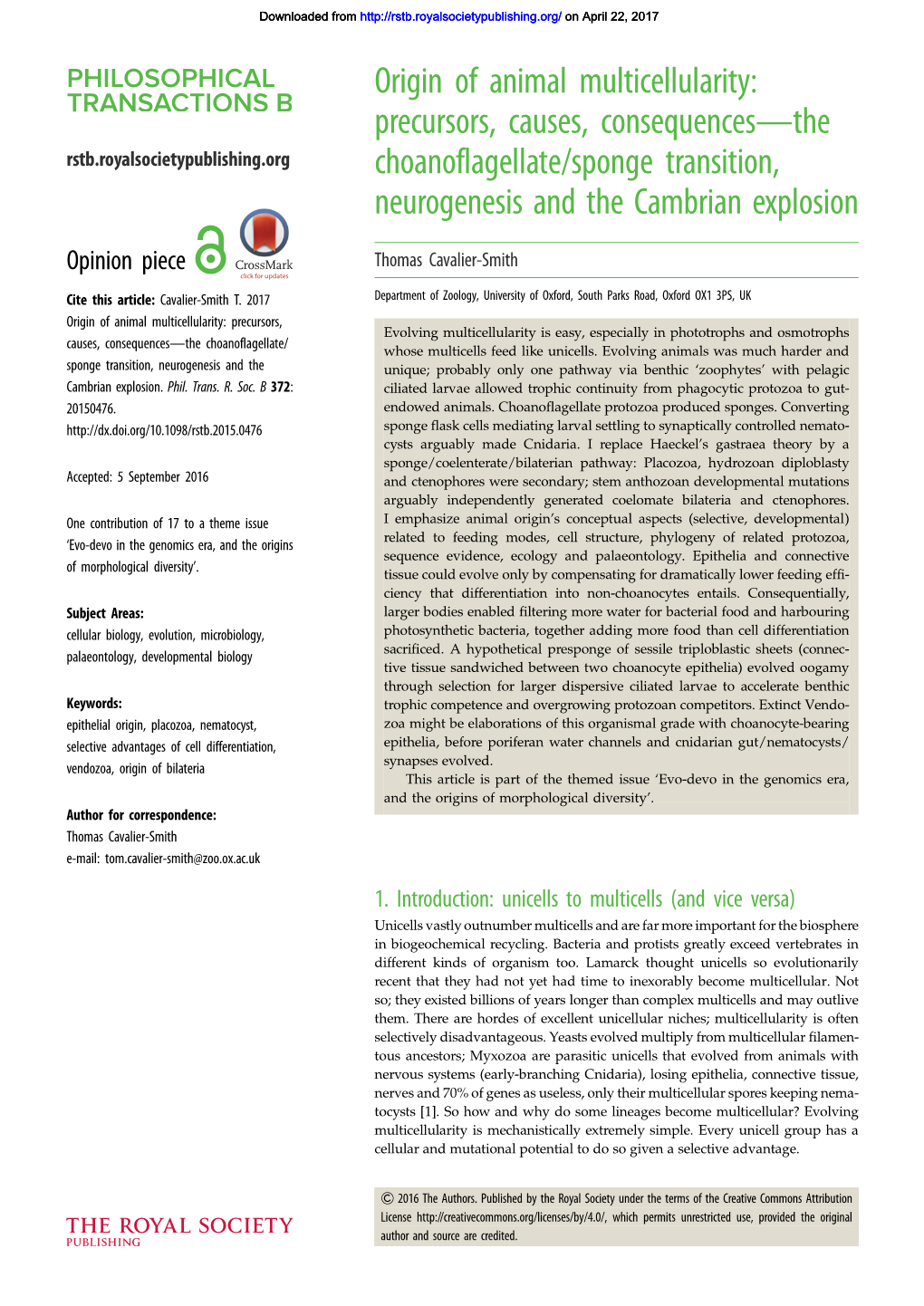 Precursors, Causes, Consequences—The Choanoflagellate/Sponge Transition, Neurogen- Phil