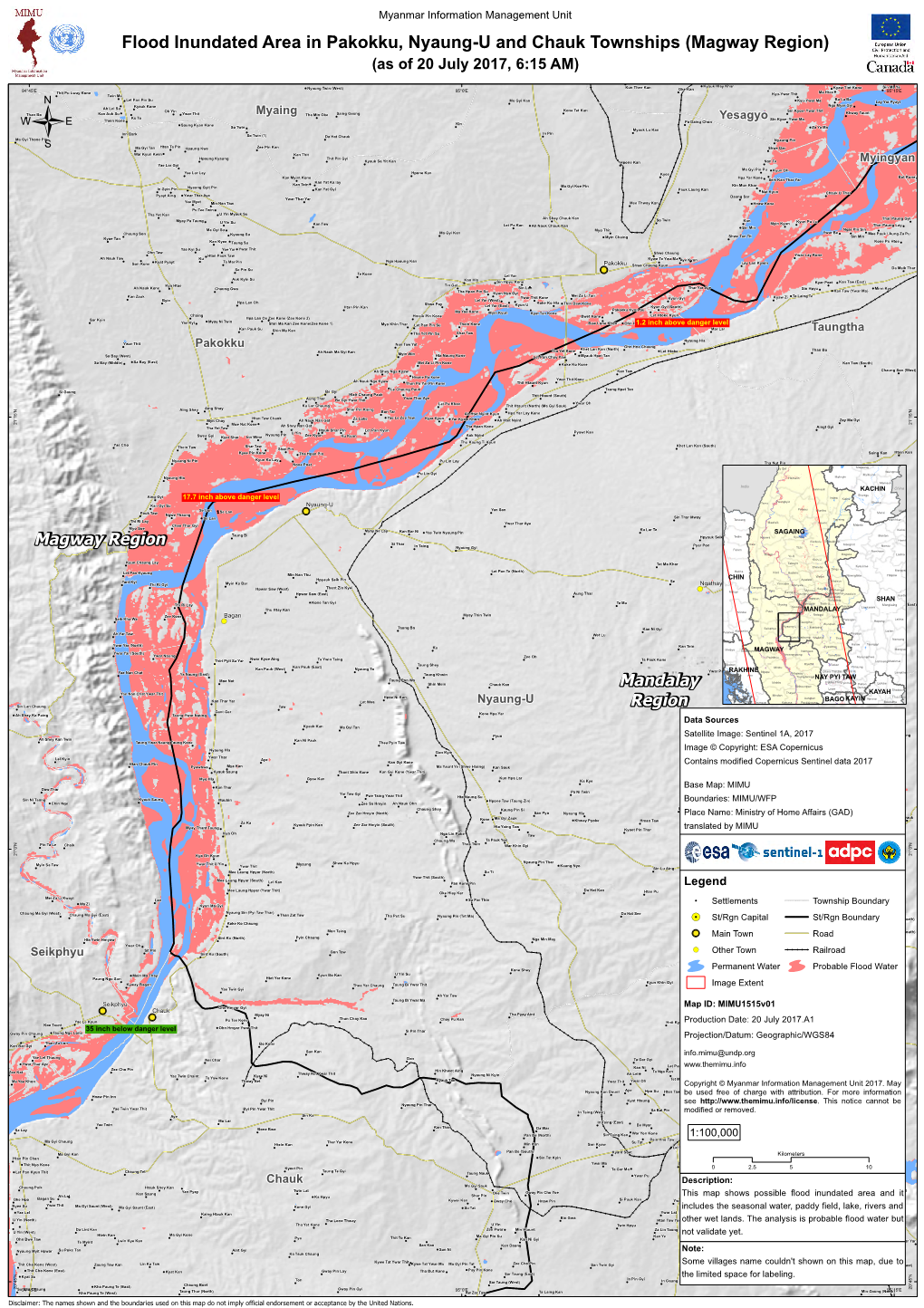 Flood Inundated Area in Pakokku, Nyaung-U and Chauk Townships (Magway Region) (As of 20 July 2017, 6:15 AM)