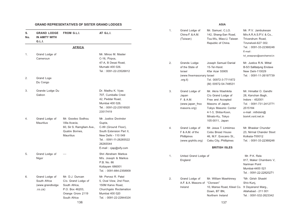 Grand Representatives of Sister Grand Lodges 136