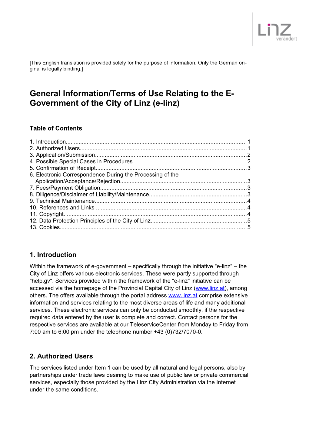 General Information/Terms of Use Relating to the E-Government of the City of Linz (E-Linz)