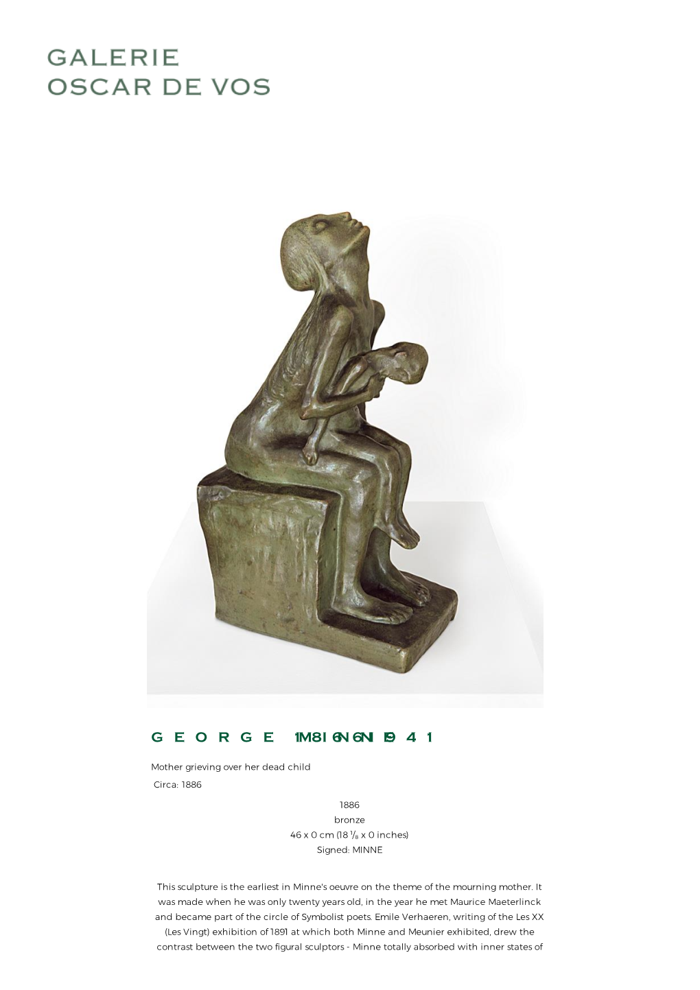 Mother Grieving Over Her Dead Child Circa: 1886 1886 Bronze 46 X 0 Cm (18 ¹/₈ X 0 Inches) Signed: MINNE