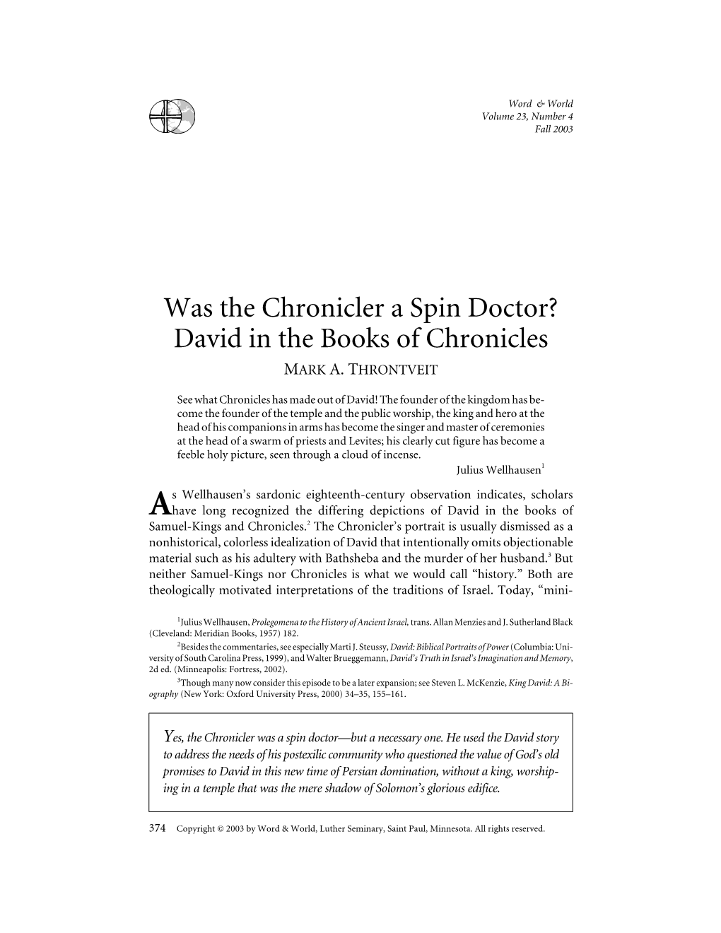 David in the Books of Chronicles MARK A