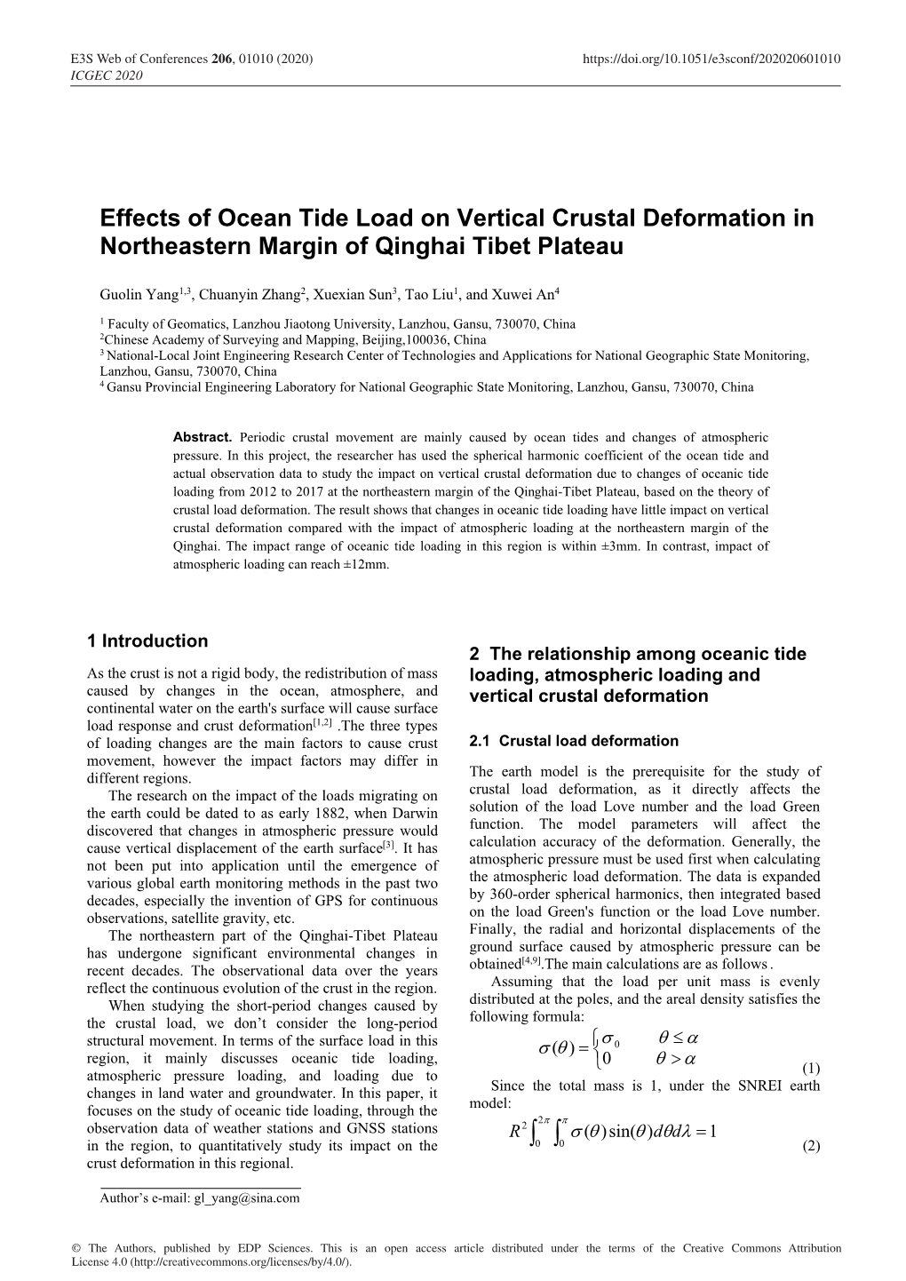 Effects of Ocean Tide Load on Vertical Crustal Deformation in Northeastern Margin of Qinghai Tibet Plateau