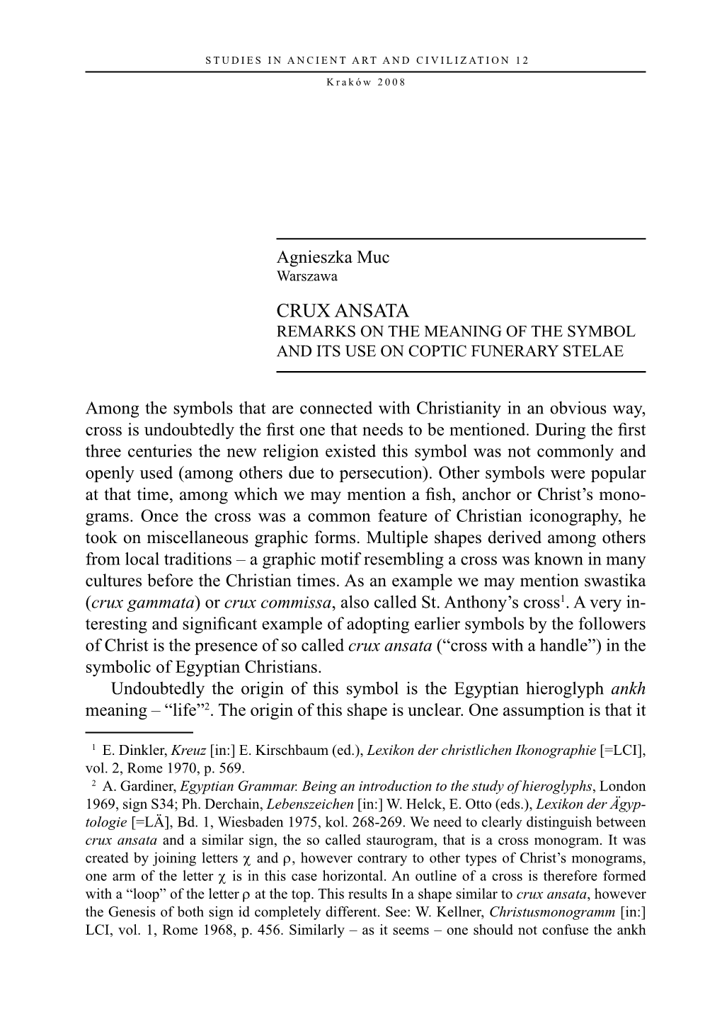 Crux Ansata Remarks on the Meaning of the Symbol and Its Use on Coptic Funerary Stelae