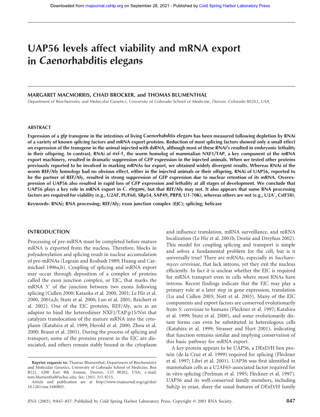 UAP56 Levels Affect Viability and Mrna Export in Caenorhabditis Elegans