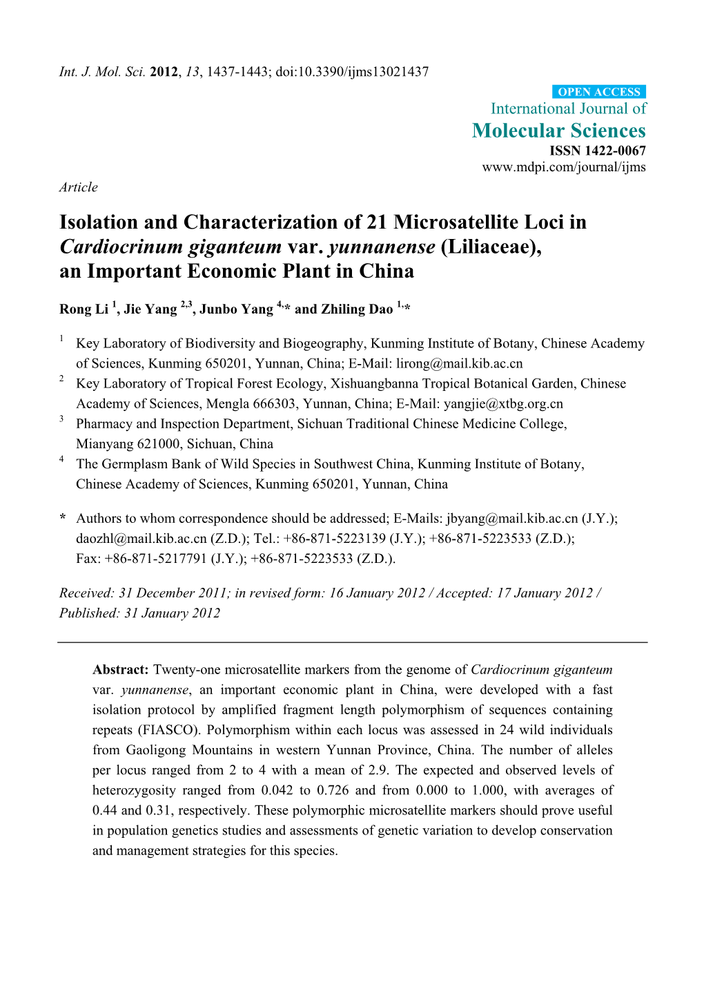 Isolation and Characterization of 21 Microsatellite Loci in Cardiocrinum Giganteum Var. Yunnanense (Liliaceae), an Important Economic Plant in China
