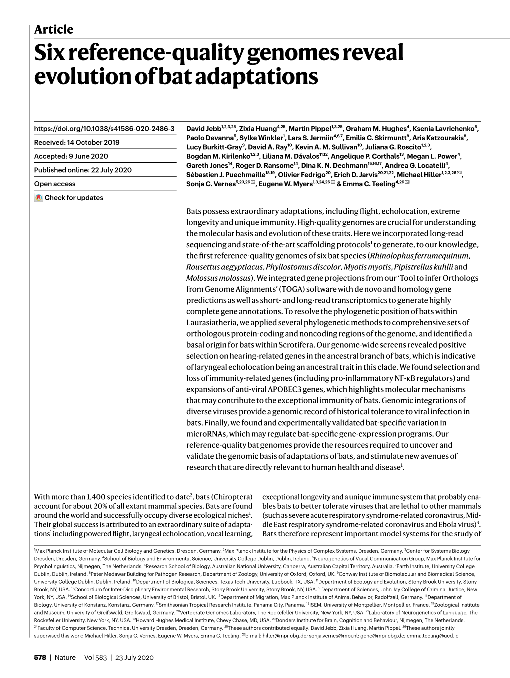 Six Reference-Quality Genomes Reveal Evolution of Bat Adaptations