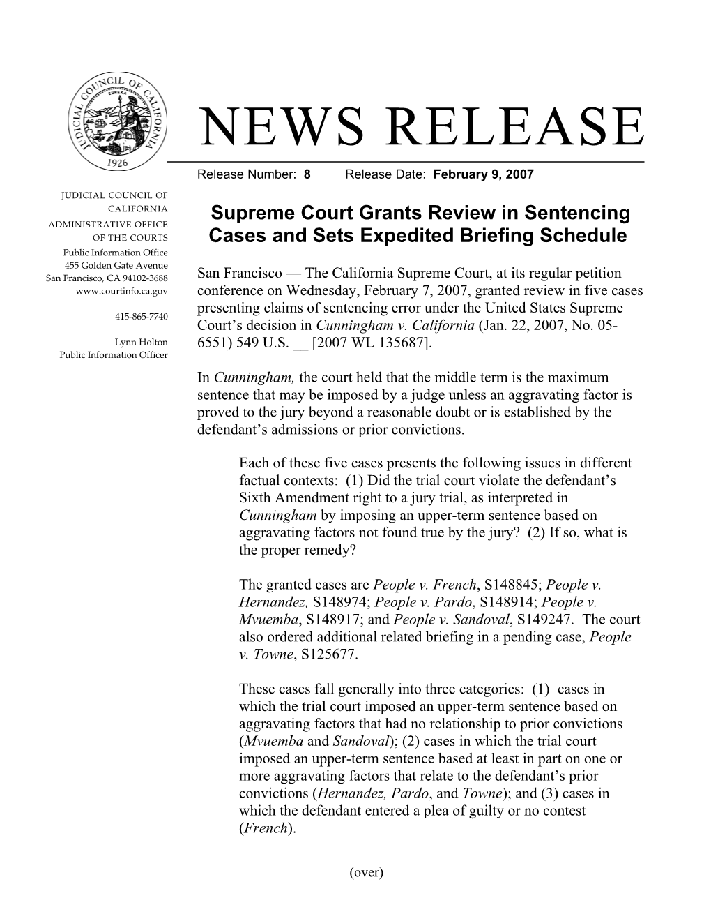 Supreme Court Grants Review in Sentencing Cases and Sets Expedited Briefing Schedule