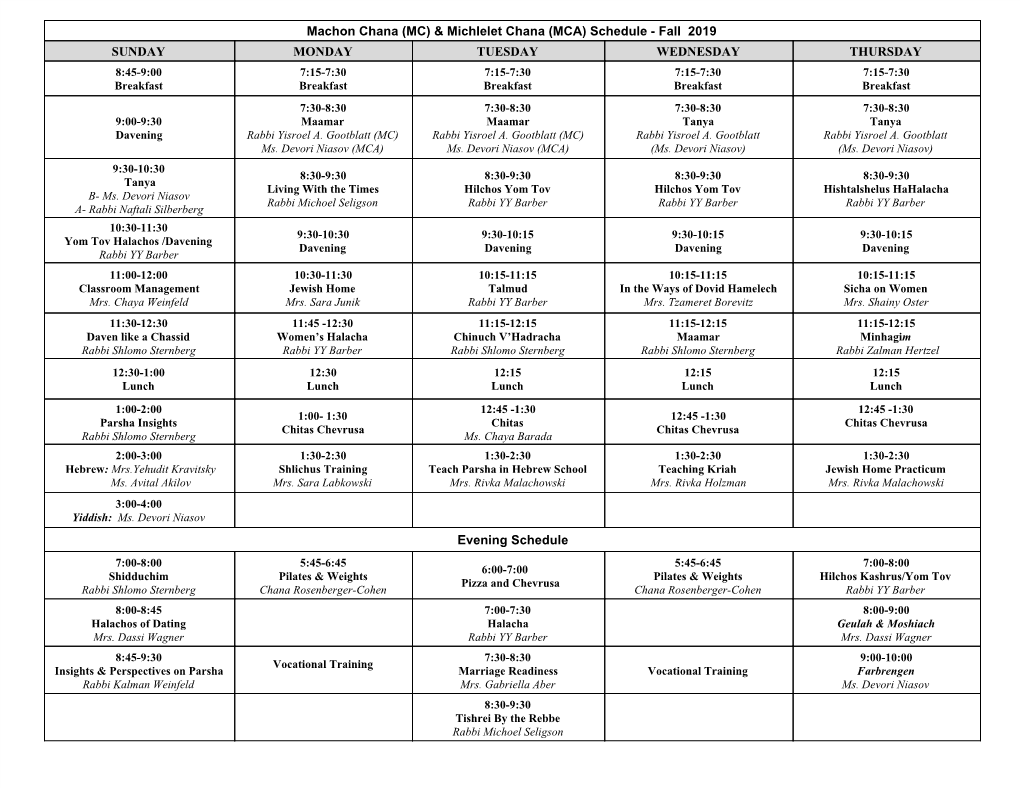 Machon Chana (MC) & Michlelet Chana (MCA) Schedule