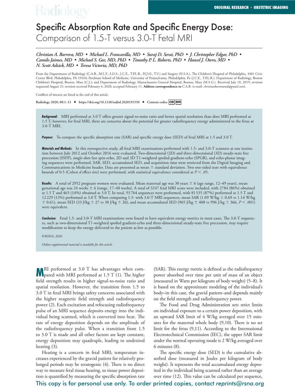 Specific Absorption Rate and Specific Energy Dose: Comparison of 1.5-T Versus 3.0-T Fetal MRI