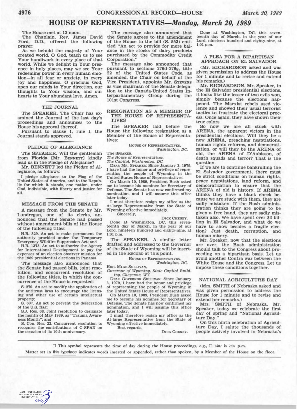 HOUSE of REPRESENTATIVES-Monday, March 20, 1989 the House Met at 12 Noon