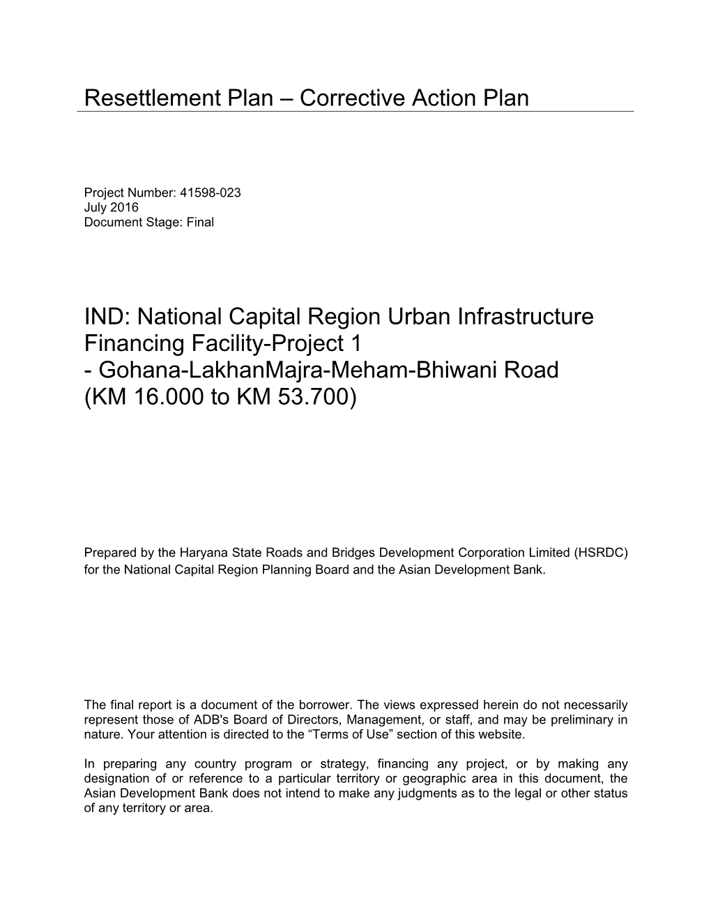 Resettlement Plan – Corrective Action Plan IND: National Capital Region