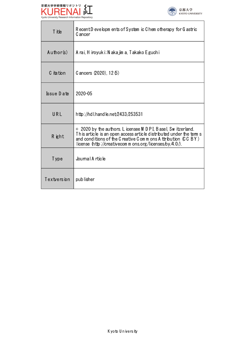 Title Recent Developments of Systemic Chemotherapy for Gastric