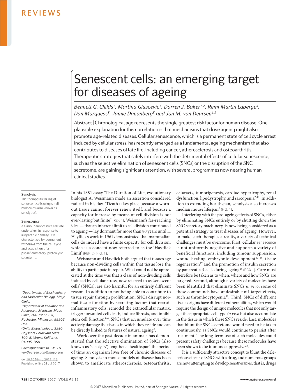 Senescent Cells: an Emerging Target for Diseases of Ageing