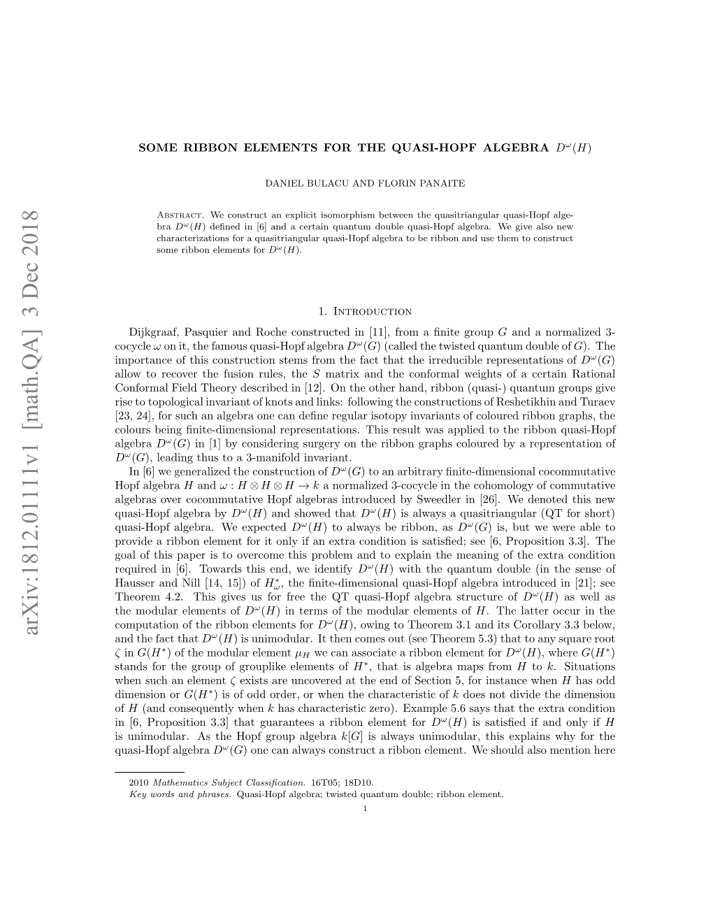 Arxiv:1812.01111V1 [Math.QA] 3 Dec 2018 H Oua Lmnsof Elements Modular the Hoe ..Ti Ie Sfrfe H Tqaihp Ler Struc Algebra Quasi-Hopf QT the Free for Us Gives This 4.2