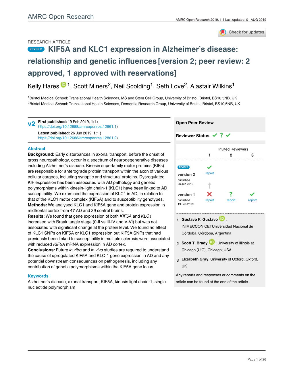 KIF5A and KLC1 Expression in Alzheimer's Disease