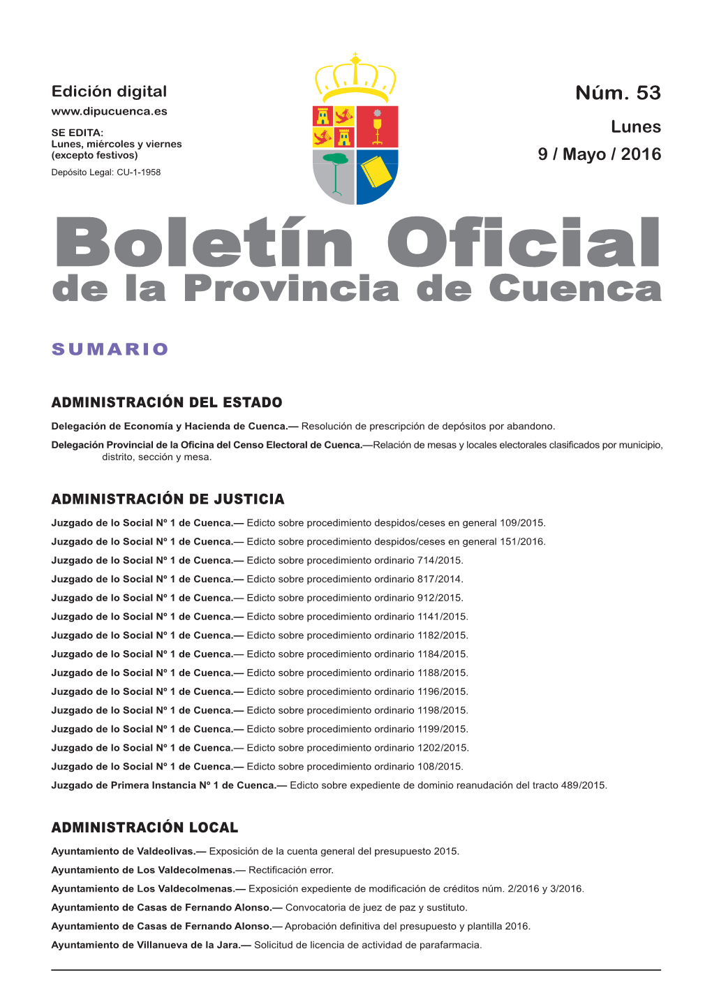 Boletín Oficial De La Provincia De Cuenca Sumario Administración Del Estado