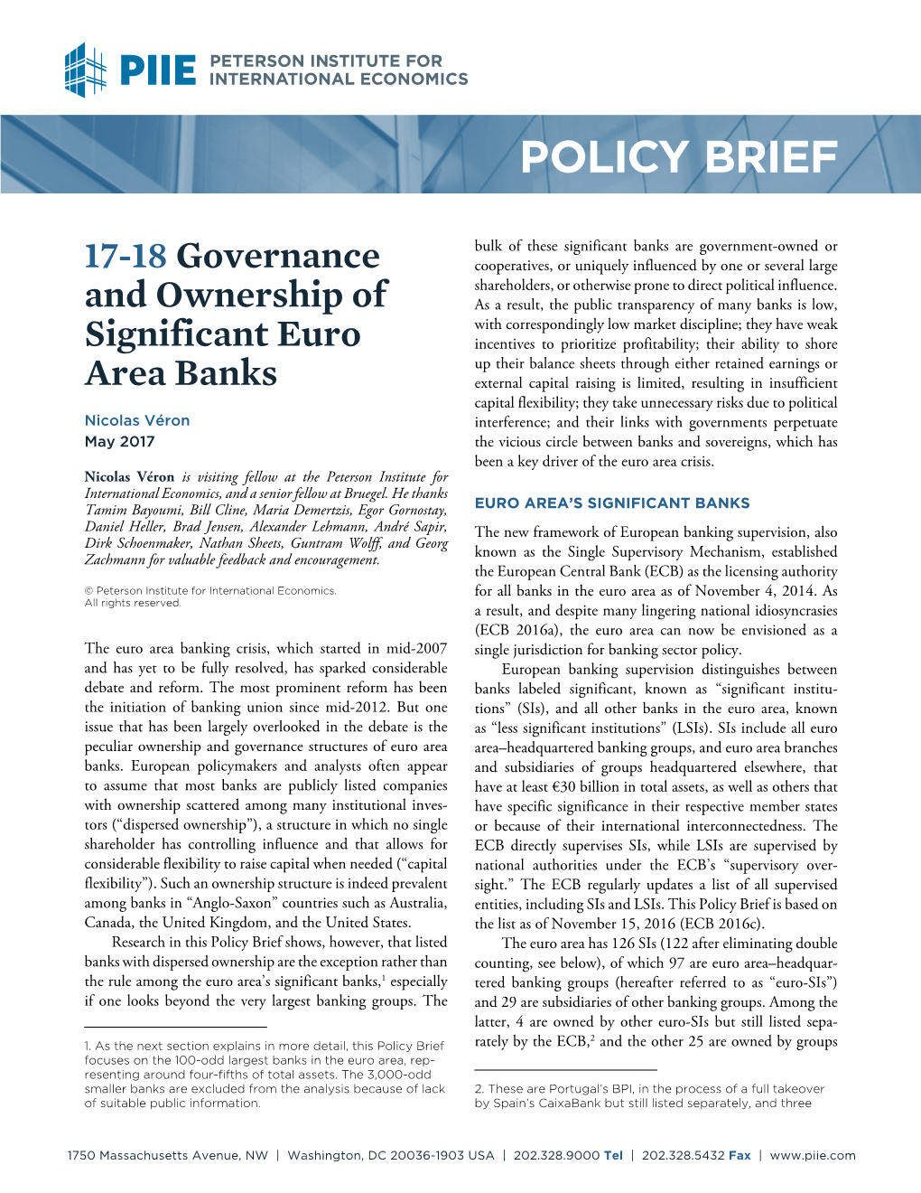 Policy Brief 17-18 Governance and Ownership of Significant Euro Area