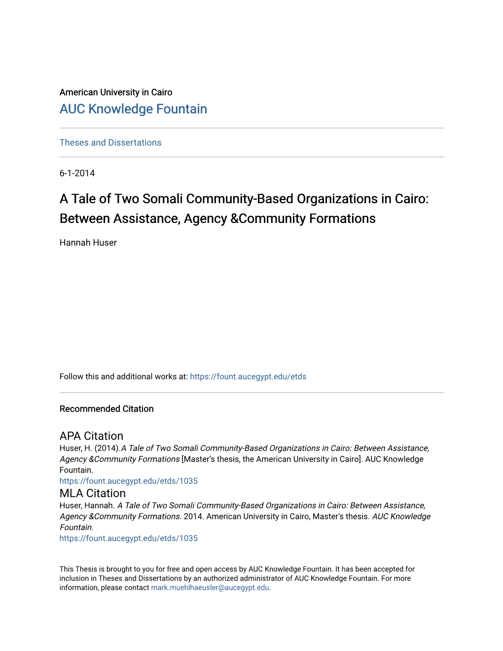 A Tale of Two Somali Community-Based Organizations in Cairo: Between Assistance, Agency &Community Formations