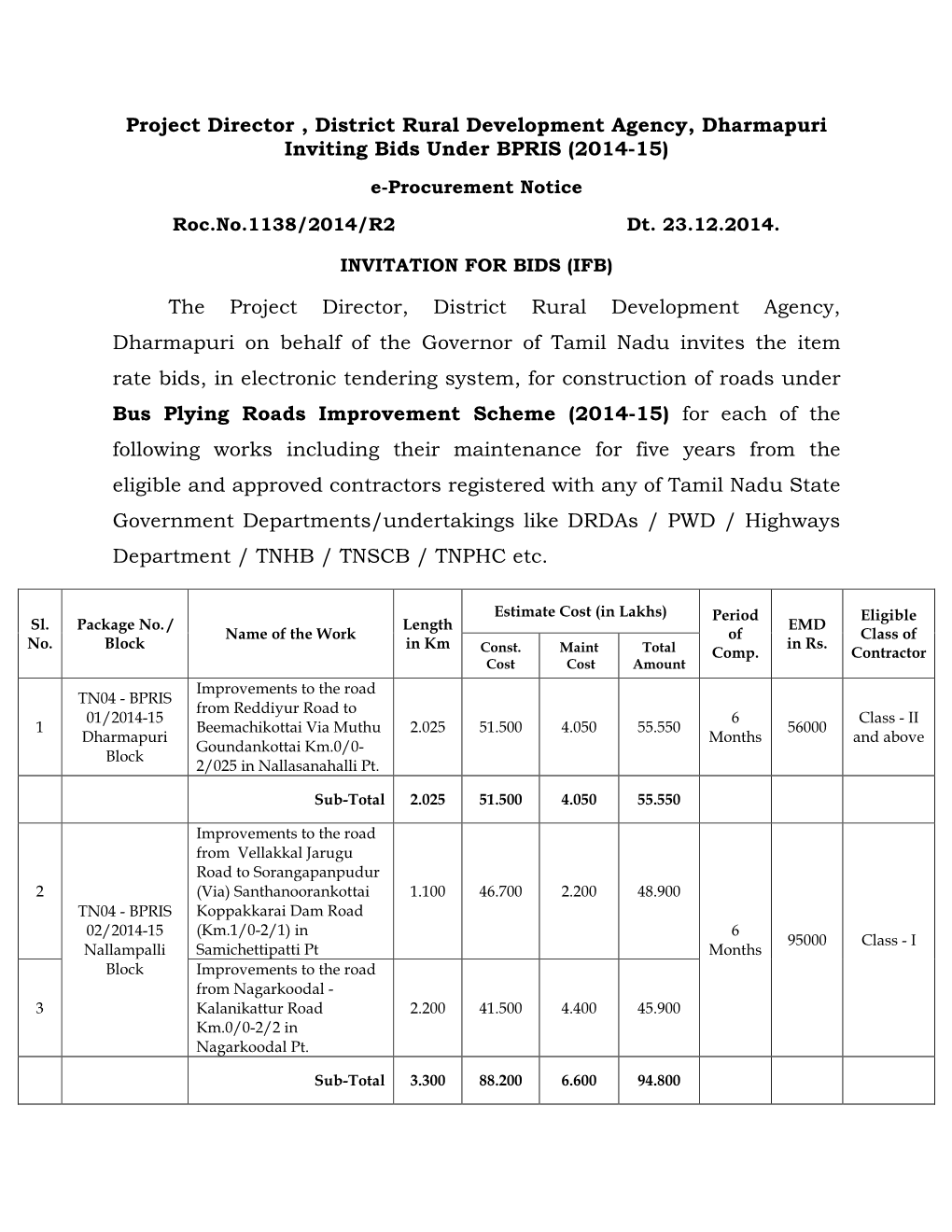 Project Director , District Rural Development Agency, Dharmapuri Inviting Bids Under BPRIS (2014-15) the Project Director, Dist