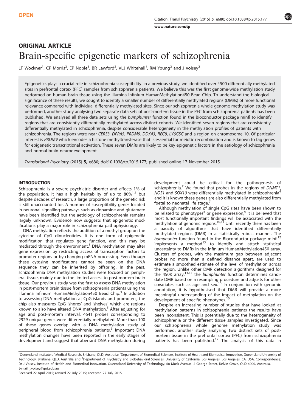 Brain-Specific Epigenetic Markers of Schizophrenia
