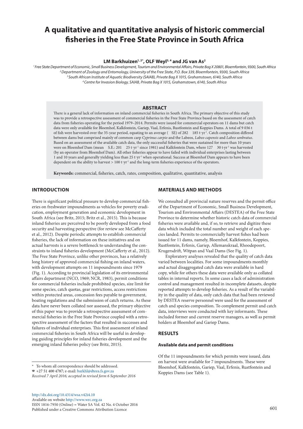 A Qualitative and Quantitative Analysis of Historic Commercial Fisheries in the Free State Province in South Africa