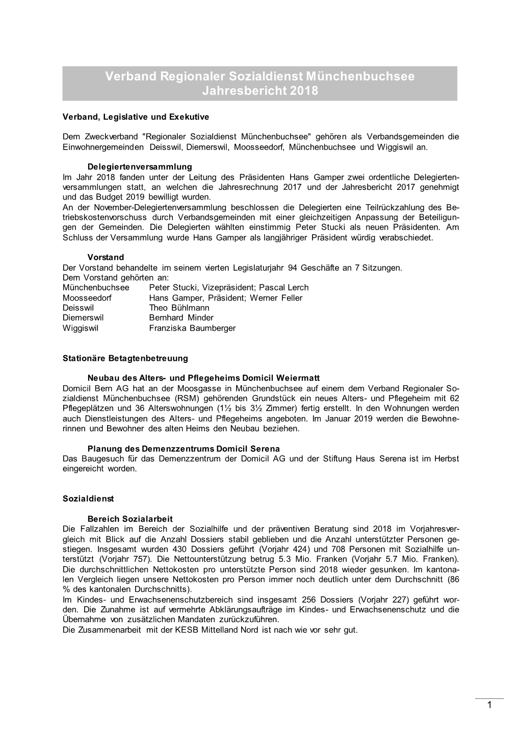 Verband Regionaler Sozialdienst Münchenbuchsee Jahresbericht 2018