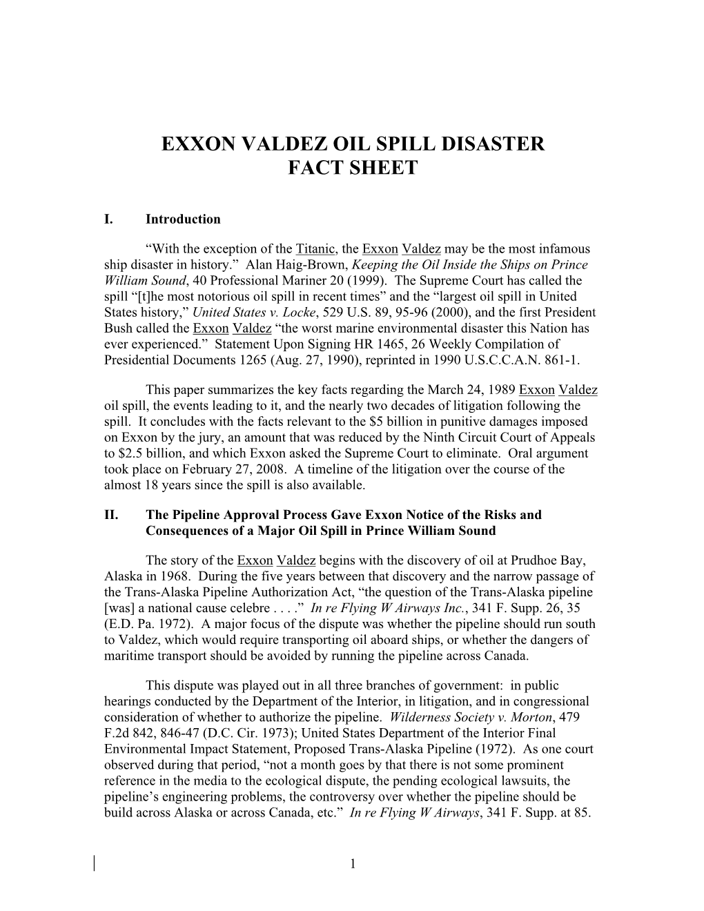 Exxon Valdez Oil Spill Disaster Fact Sheet