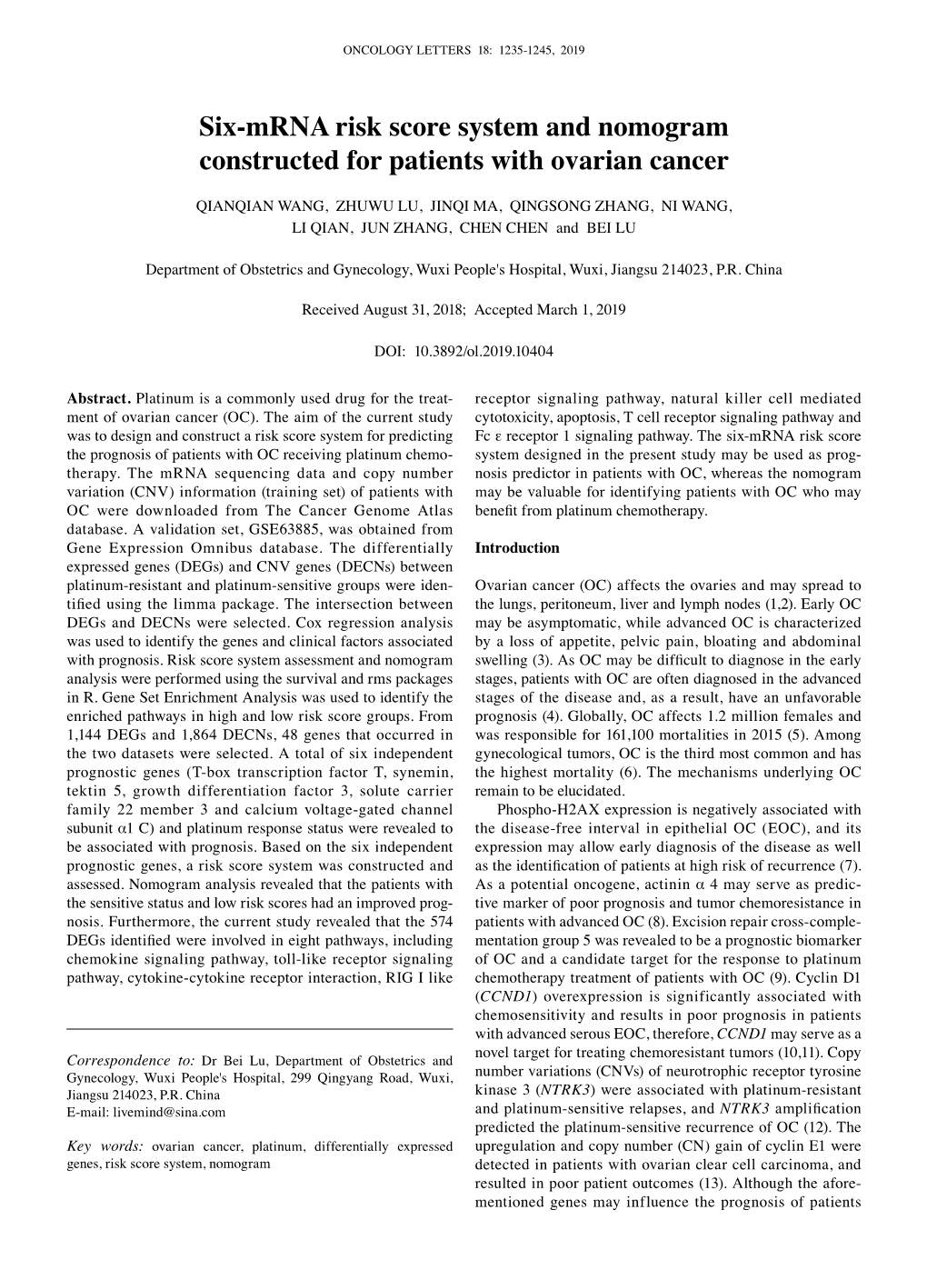 Six‑Mrna Risk Score System and Nomogram Constructed for Patients with Ovarian Cancer