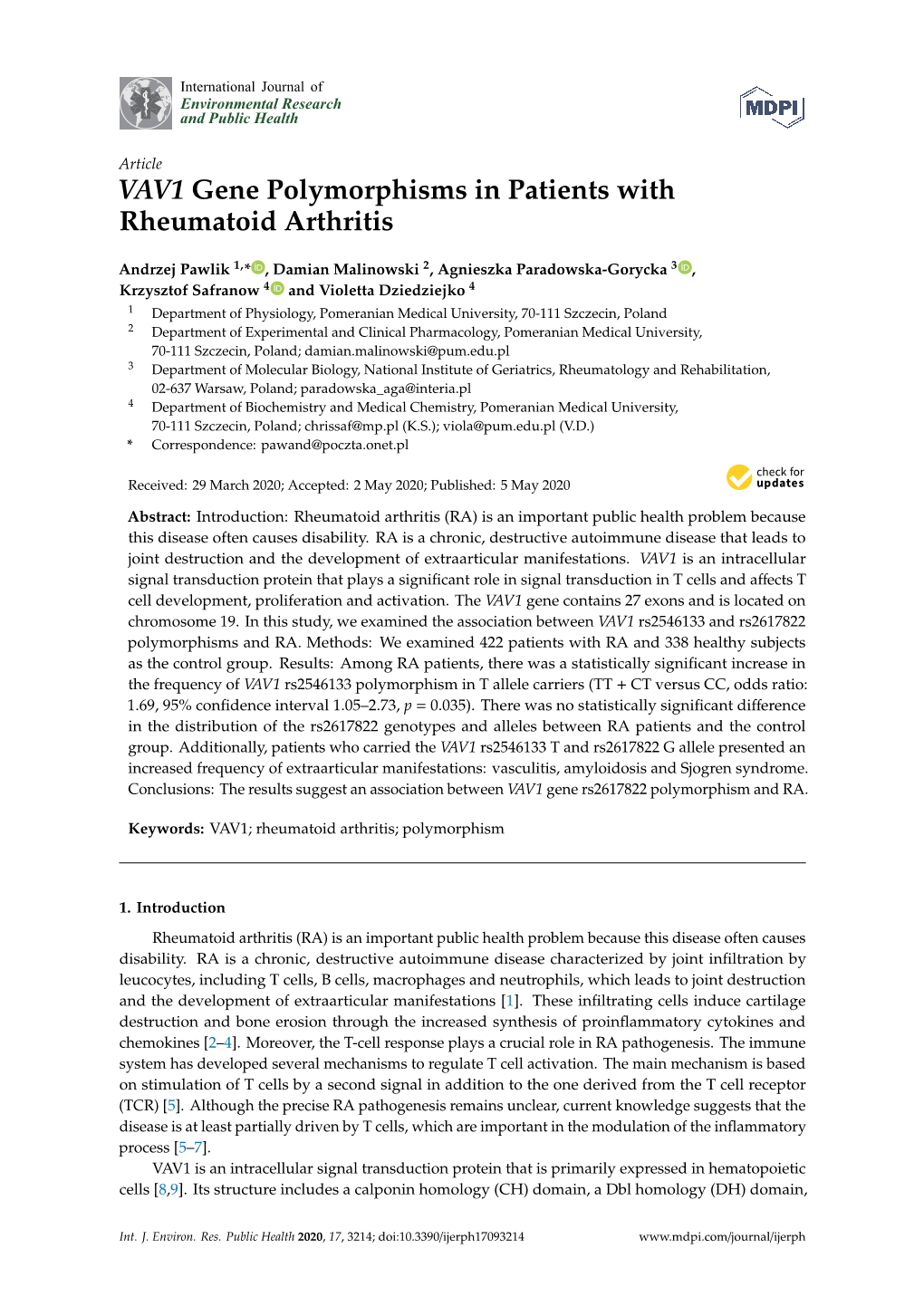 VAV1 Gene Polymorphisms in Patients with Rheumatoid Arthritis