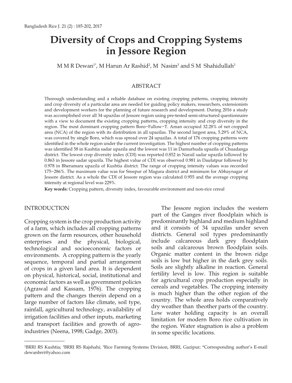 Diversity of Crops and Cropping Systems in Jessore Region