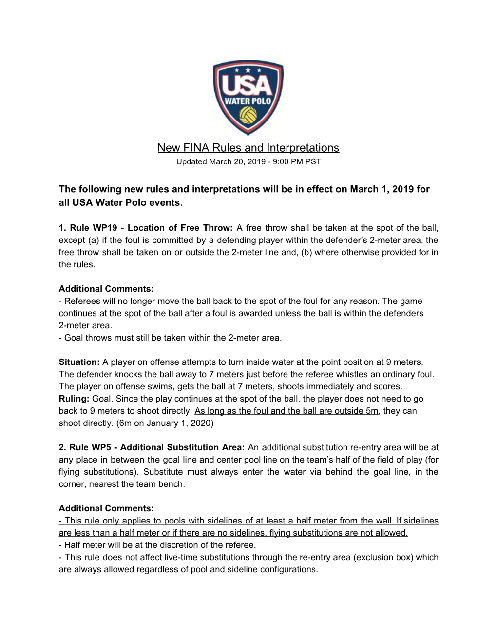New FINA Rules and Interpretations Updated March 20, 2019 - 9:00 PM PST