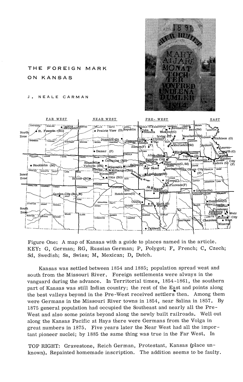 A Map of Kansas with a Guide to Places Named in the Article. KEY: G, German