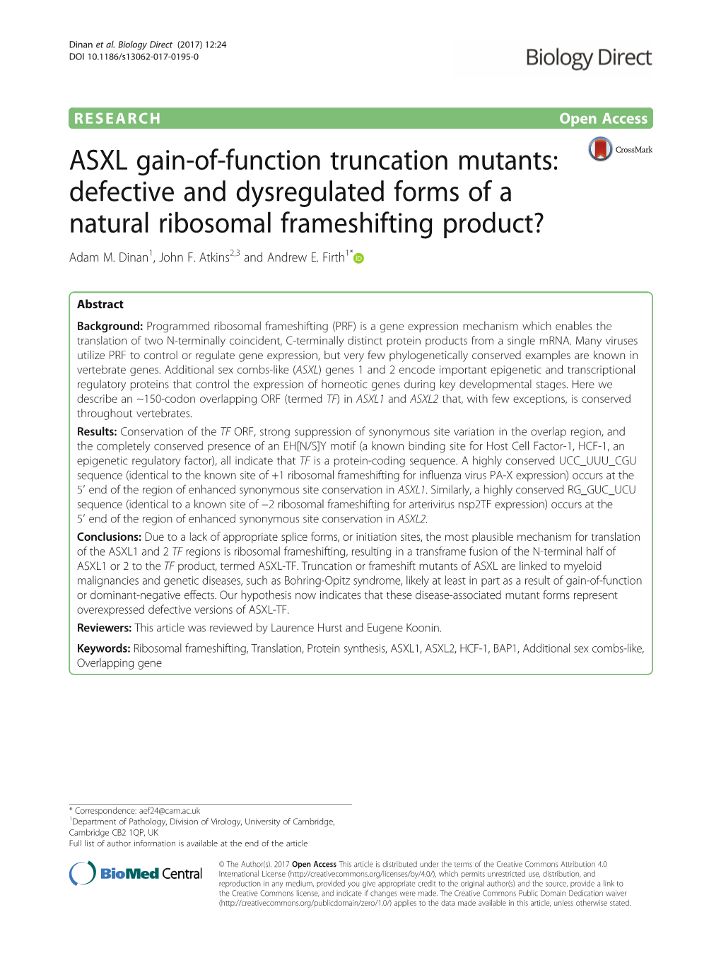 ASXL Gain-Of-Function Truncation Mutants: Defective and Dysregulated Forms of a Natural Ribosomal Frameshifting Product? Adam M