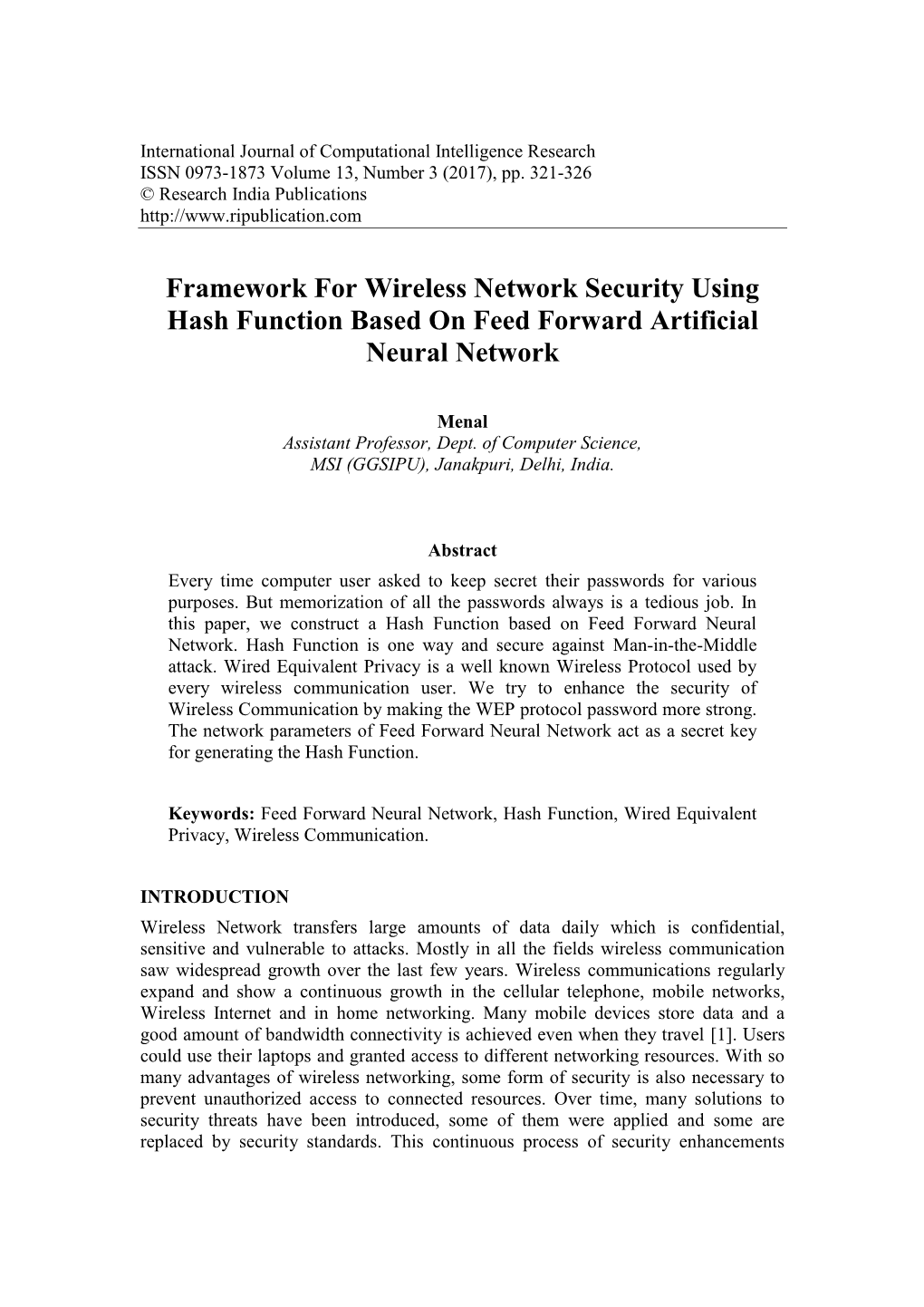 Framework for Wireless Network Security Using Hash Function Based on Feed Forward Artificial Neural Network