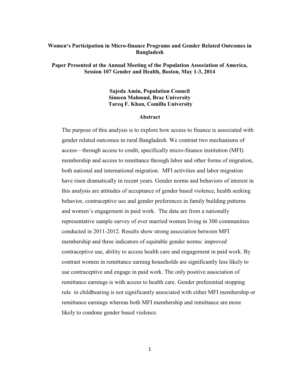 Paper Presented at the Annual Meeting of the Population Association of America, Session 107 Gender and Health, Boston, May 1-3, 2014