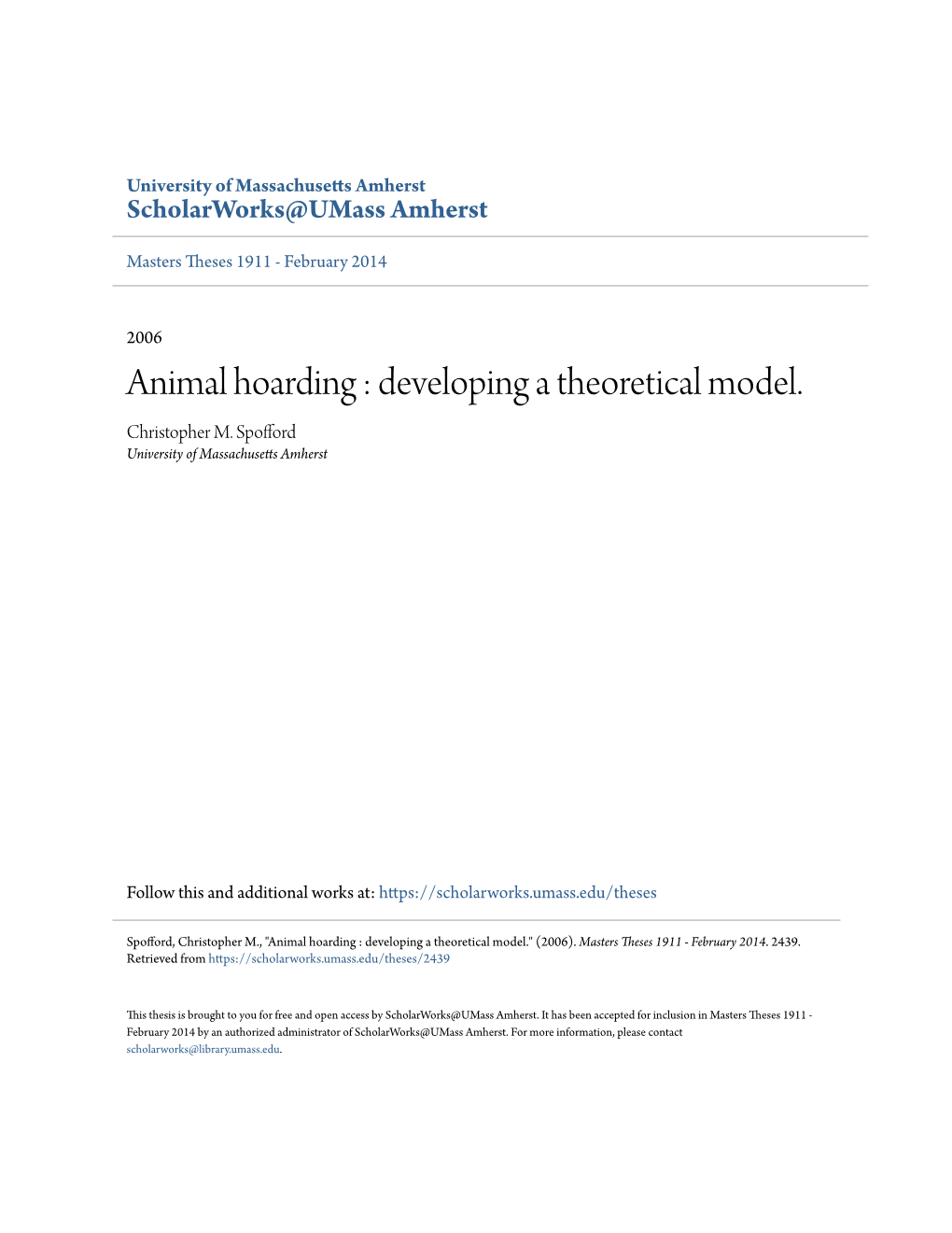 Animal Hoarding : Developing a Theoretical Model
