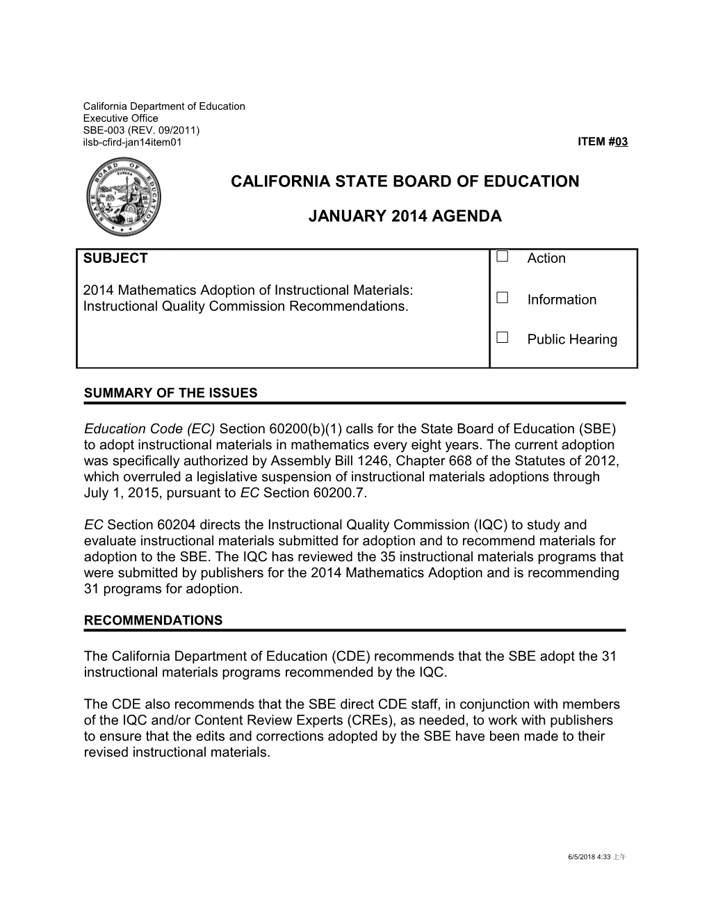 January 2014 Agenda Item 03 Updated - Meeting Agendas (CA State Board of Education)