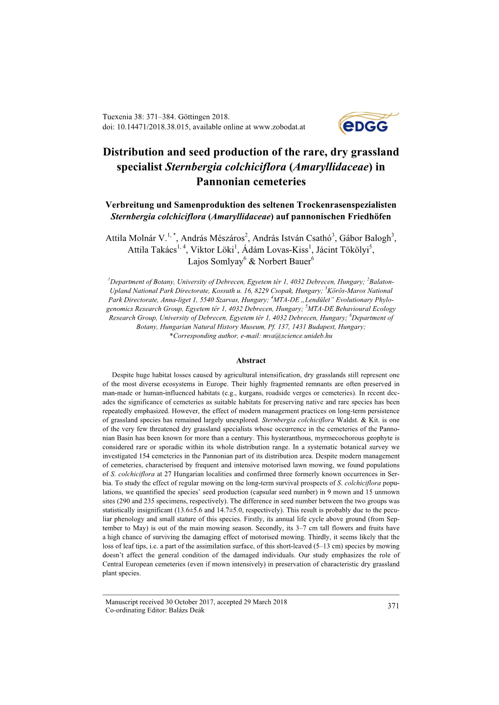 Distribution and Seed Production of the Rare, Dry Grassland Specialist Sternbergia Colchiciflora (Amaryllidaceae) in Pannonian Cemeteries